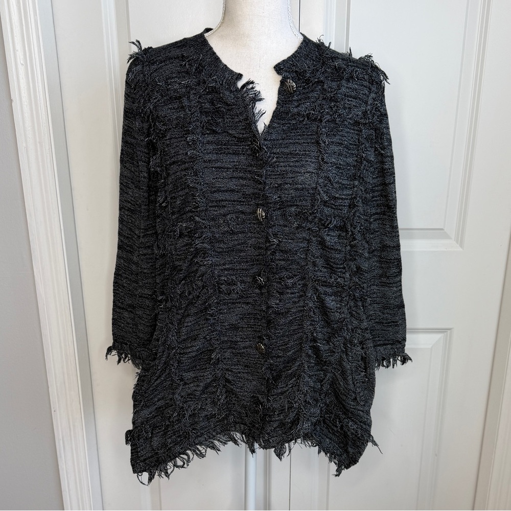 Akira Art To Wear Black White Marled Fringe Cardigan Sweater Pockets Lagenlook